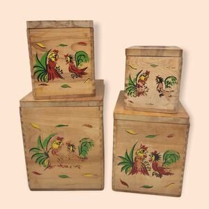 Vintage Rustic Wooden Nesting Set Cottagecore Hand Painted Rooster Boxes